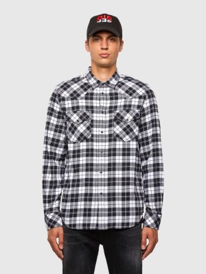 Black / White Diesel S East Long Chk Men's Shirts | 14582AWTQ