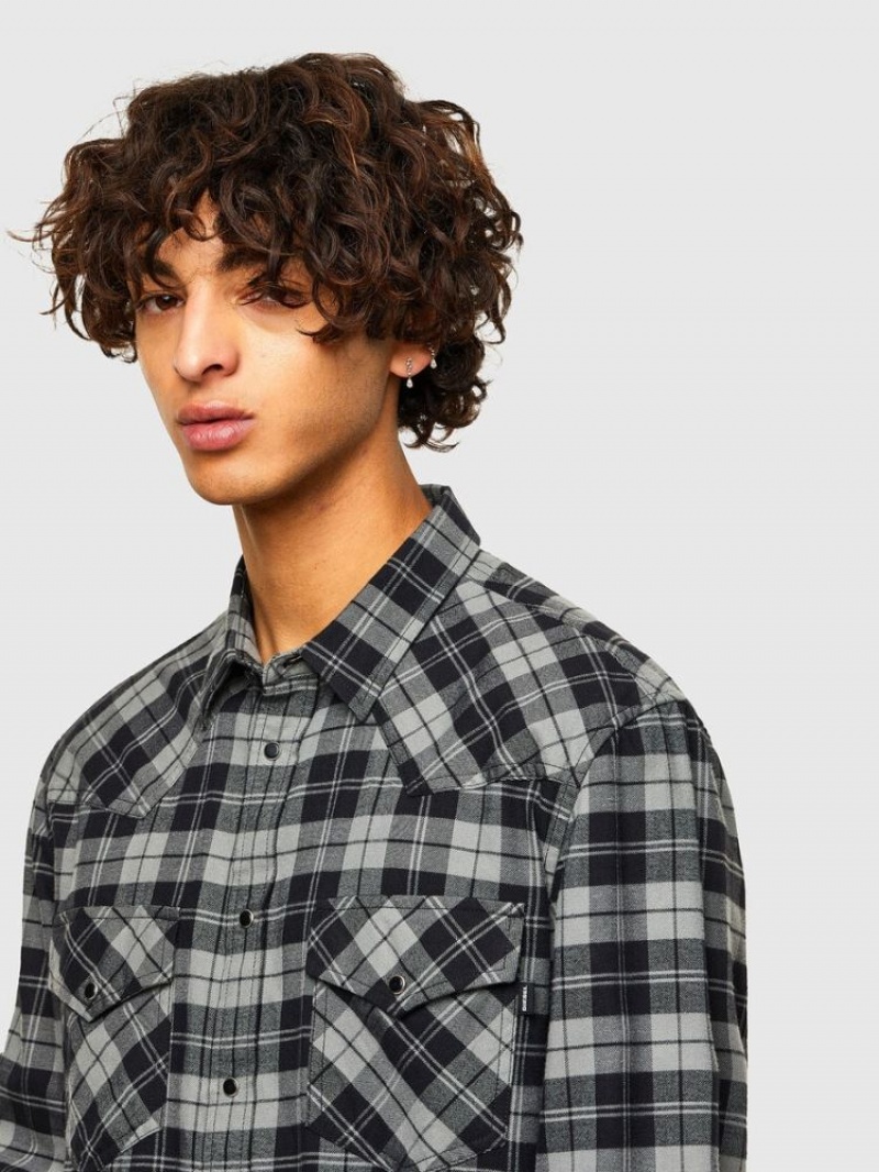 Grey / Black Diesel S East Long Chk Men's Shirts | 42360CTAO