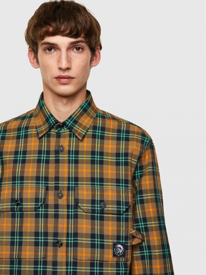 Orange / Green Diesel S Jess Check Men's Shirts | 73916QTOM