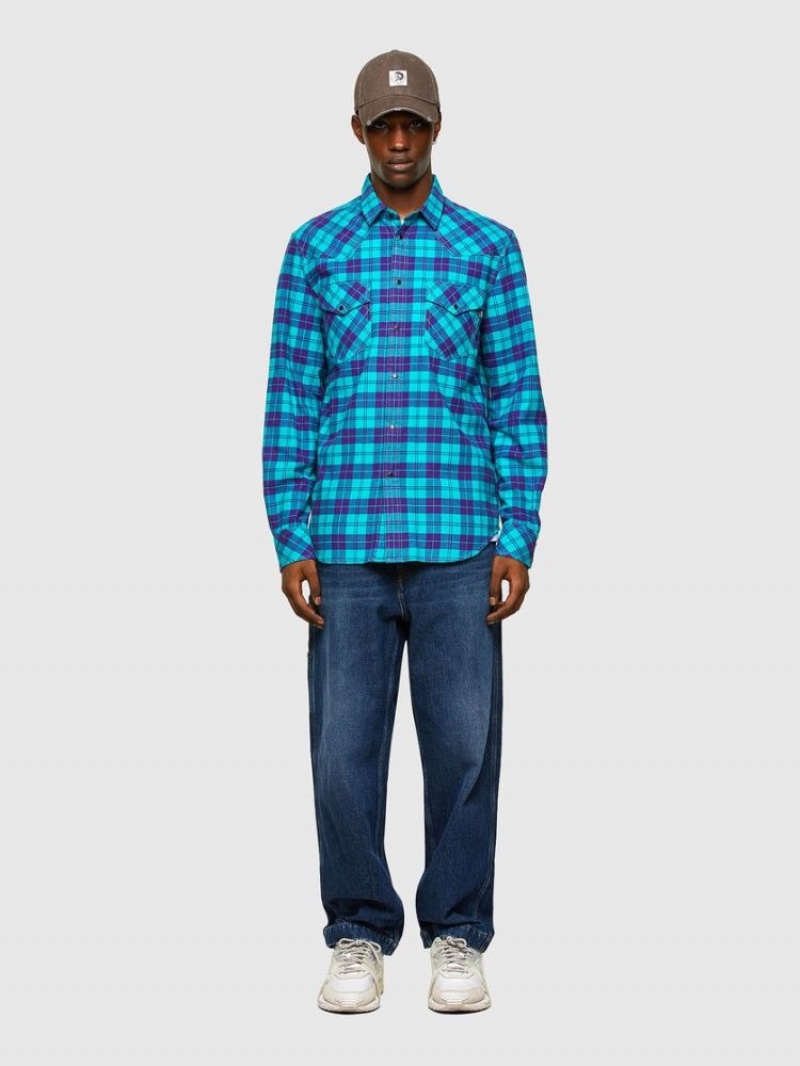 Purple / Blue Diesel S East Long Chk Men's Shirts | 87519IOXZ