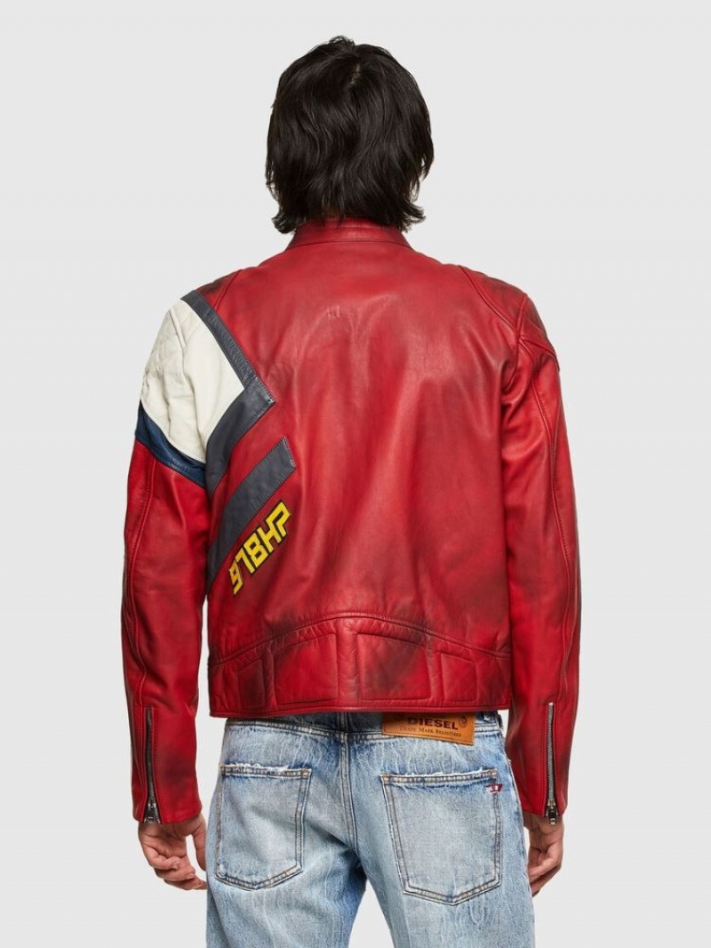 White / Red Diesel L Power Men's Leather Jackets | 10974WZSK